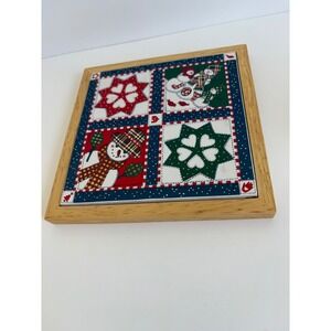 Hallmark Christmas‎ Snowman Patchwork Quilt Framed Ceramic Trivet Thailand 7in